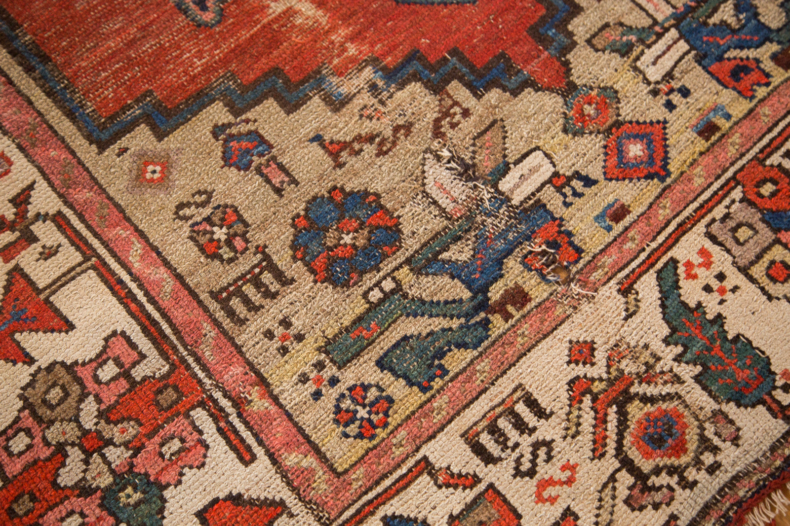 Kurdish Hamadan rug corner detail, stylized birds, geometric patterns, and worn texture.